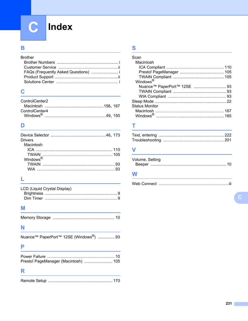 C index, Index | Brother ADS-1000W User Manual | Page 245 / 246