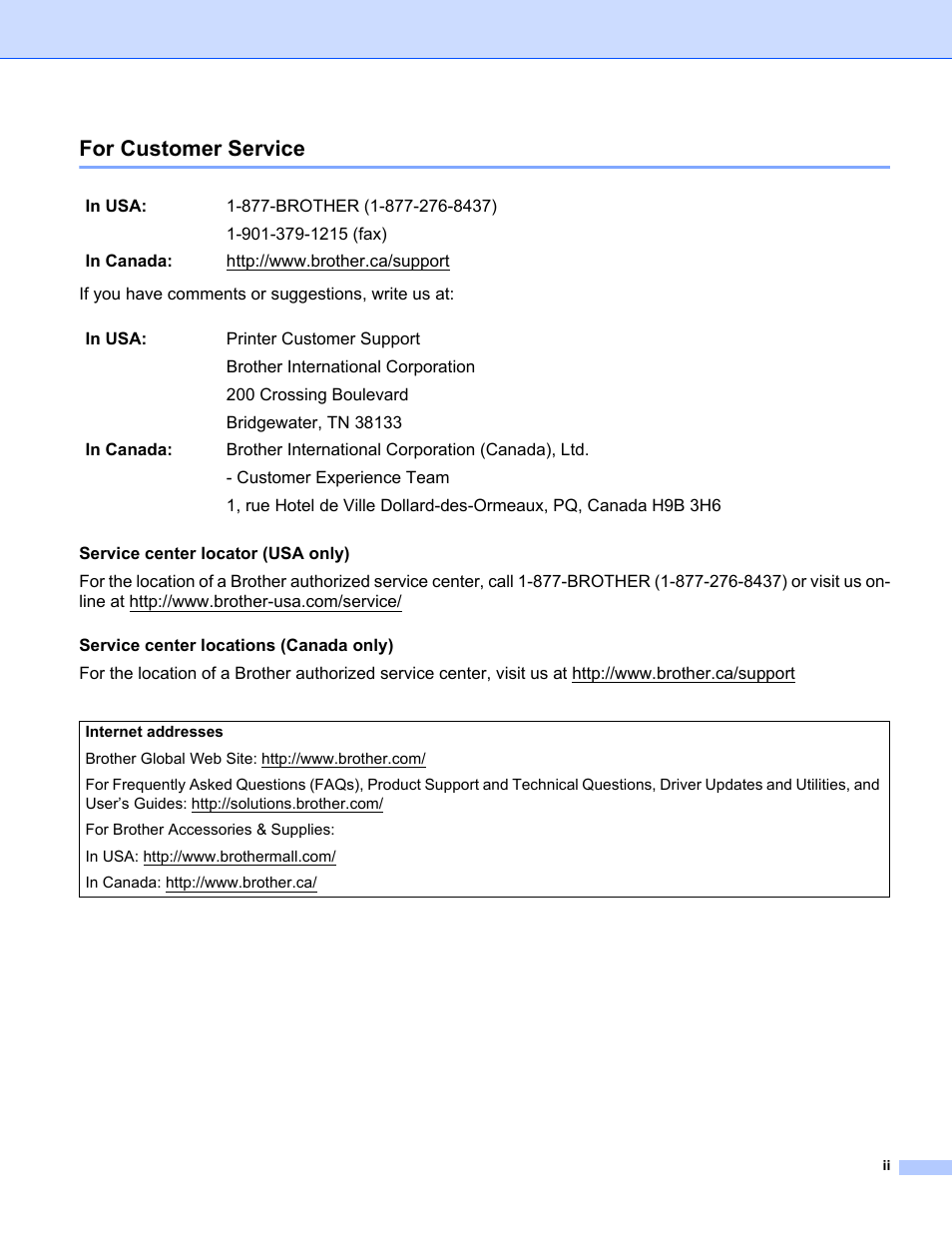 For customer service | Brother ADS-1000W User Manual | Page 3 / 246