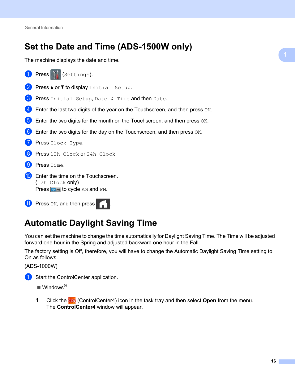 Set the date and time (ads-1500w only), Automatic daylight saving time | Brother ADS-1000W User Manual | Page 30 / 246