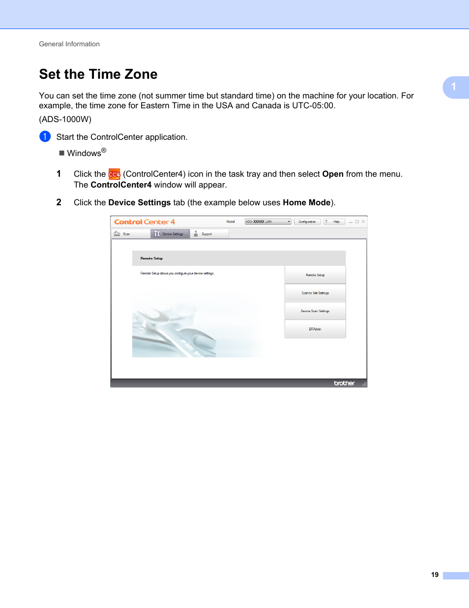 Set the time zone | Brother ADS-1000W User Manual | Page 33 / 246