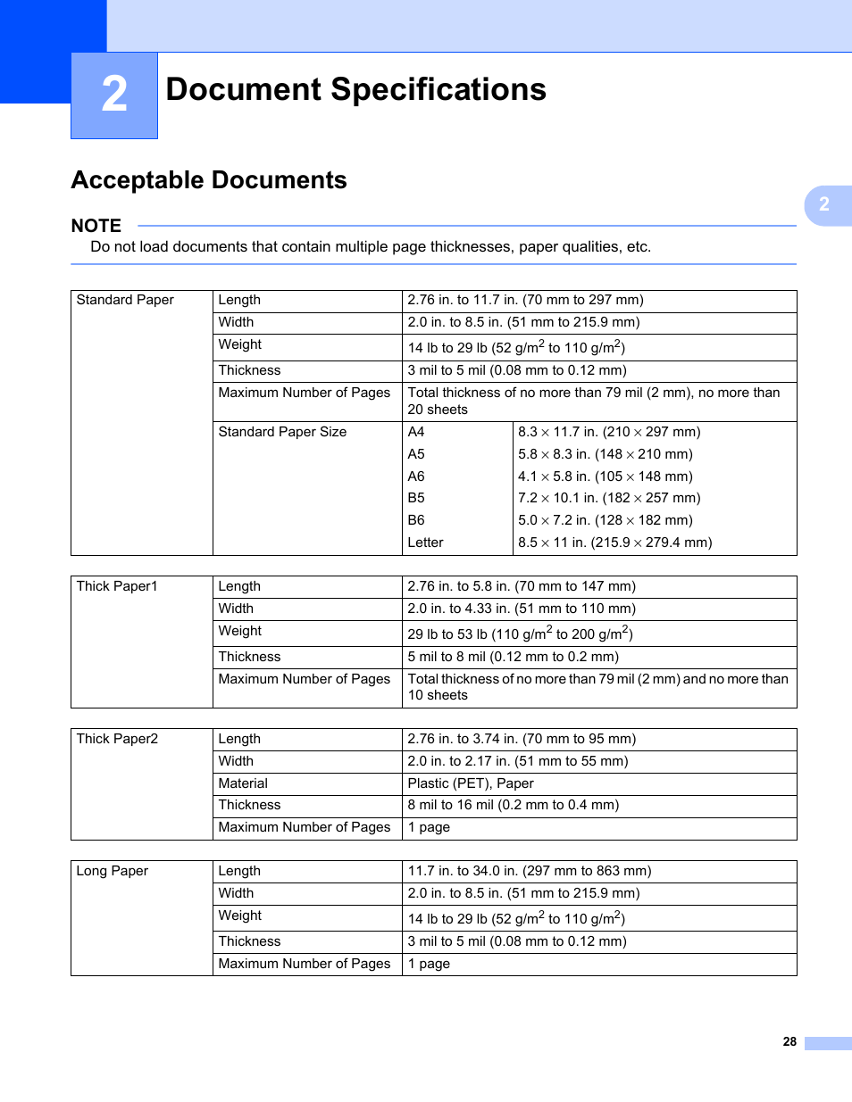 2 document specifications, Acceptable documents, Document specifications | Brother ADS-1000W User Manual | Page 42 / 246