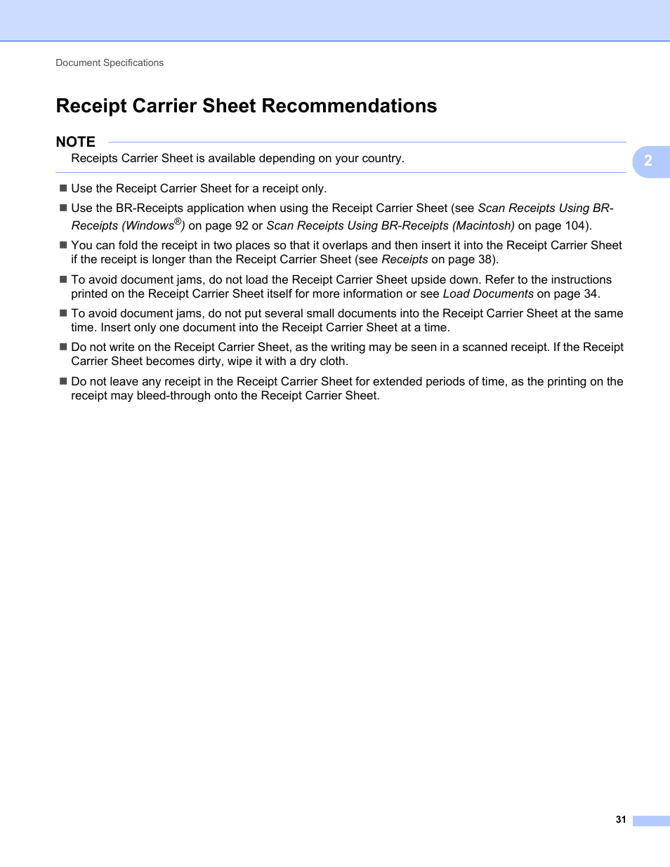 Receipt carrier sheet recommendations | Brother ADS-1000W User Manual | Page 45 / 246