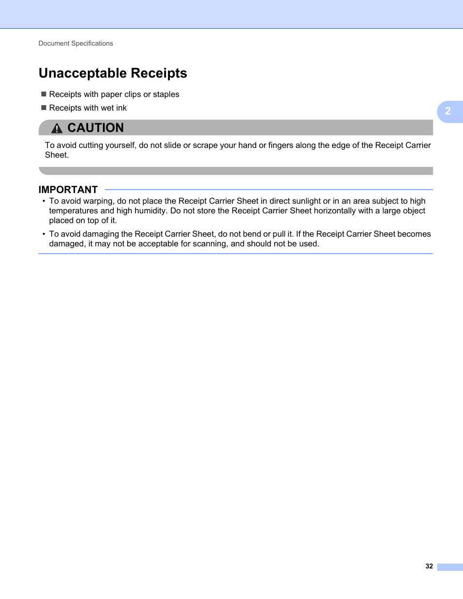 Unacceptable receipts, Caution, Important | Brother ADS-1000W User Manual | Page 46 / 246