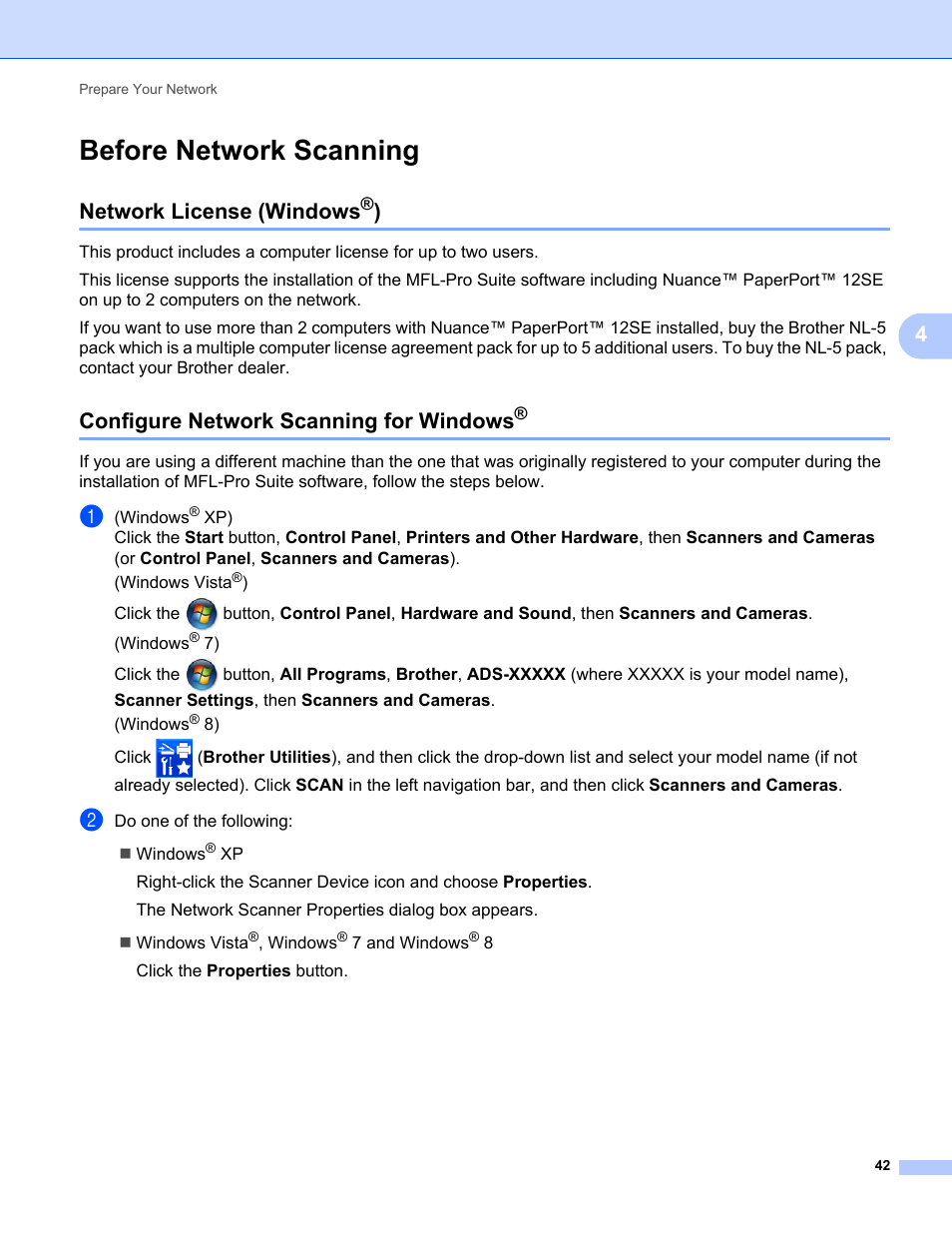 Before network scanning, Network license (windows®), Configure network scanning for windows | Network license (windows | Brother ADS-1000W User Manual | Page 56 / 246