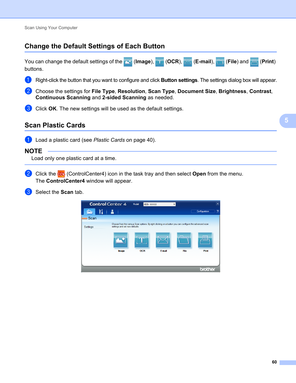 Change the default settings of each button, Scan plastic cards, 5change the default settings of each button | Brother ADS-1000W User Manual | Page 74 / 246