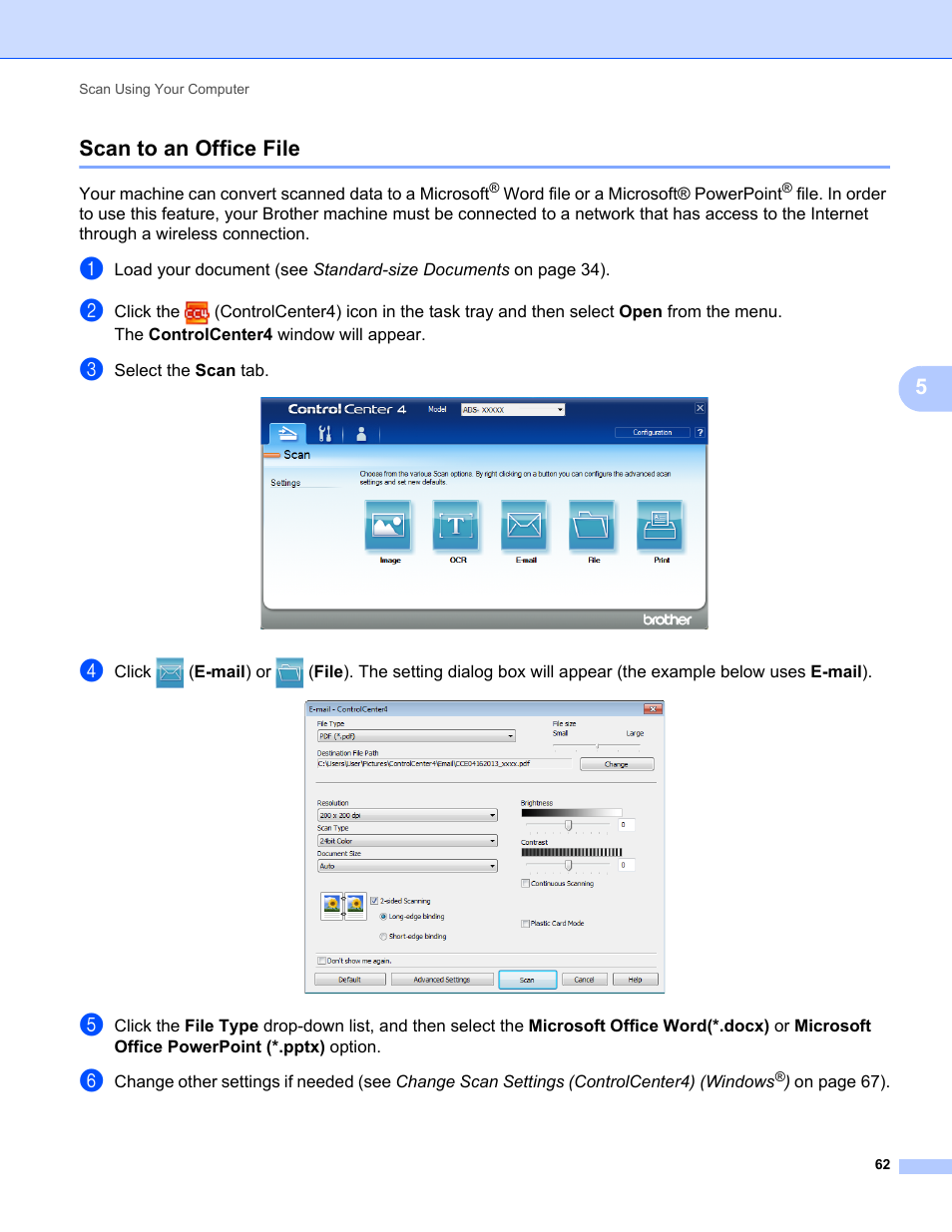 Scan to an office file, 5scan to an office file | Brother ADS-1000W User Manual | Page 76 / 246