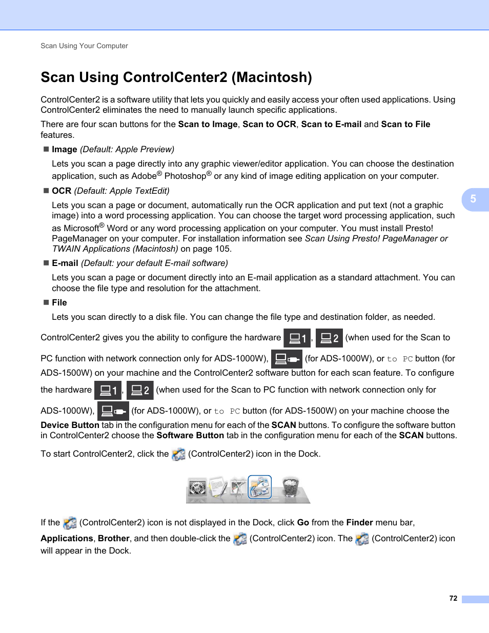 Scan using controlcenter2 (macintosh) | Brother ADS-1000W User Manual | Page 86 / 246