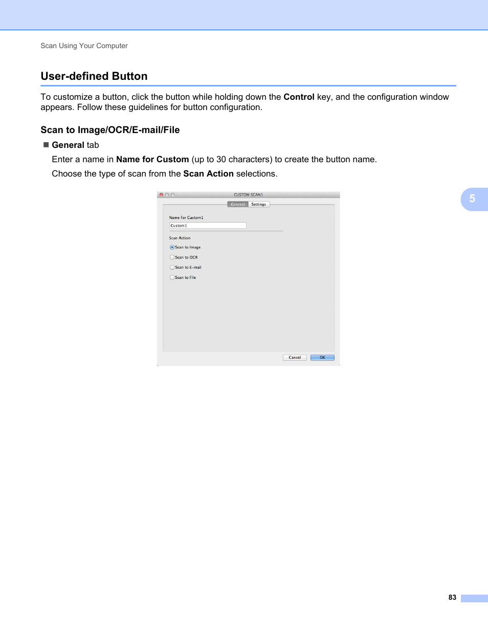 User-defined button, 5user-defined button, Scan to image/ocr/e-mail/file | Brother ADS-1000W User Manual | Page 97 / 246