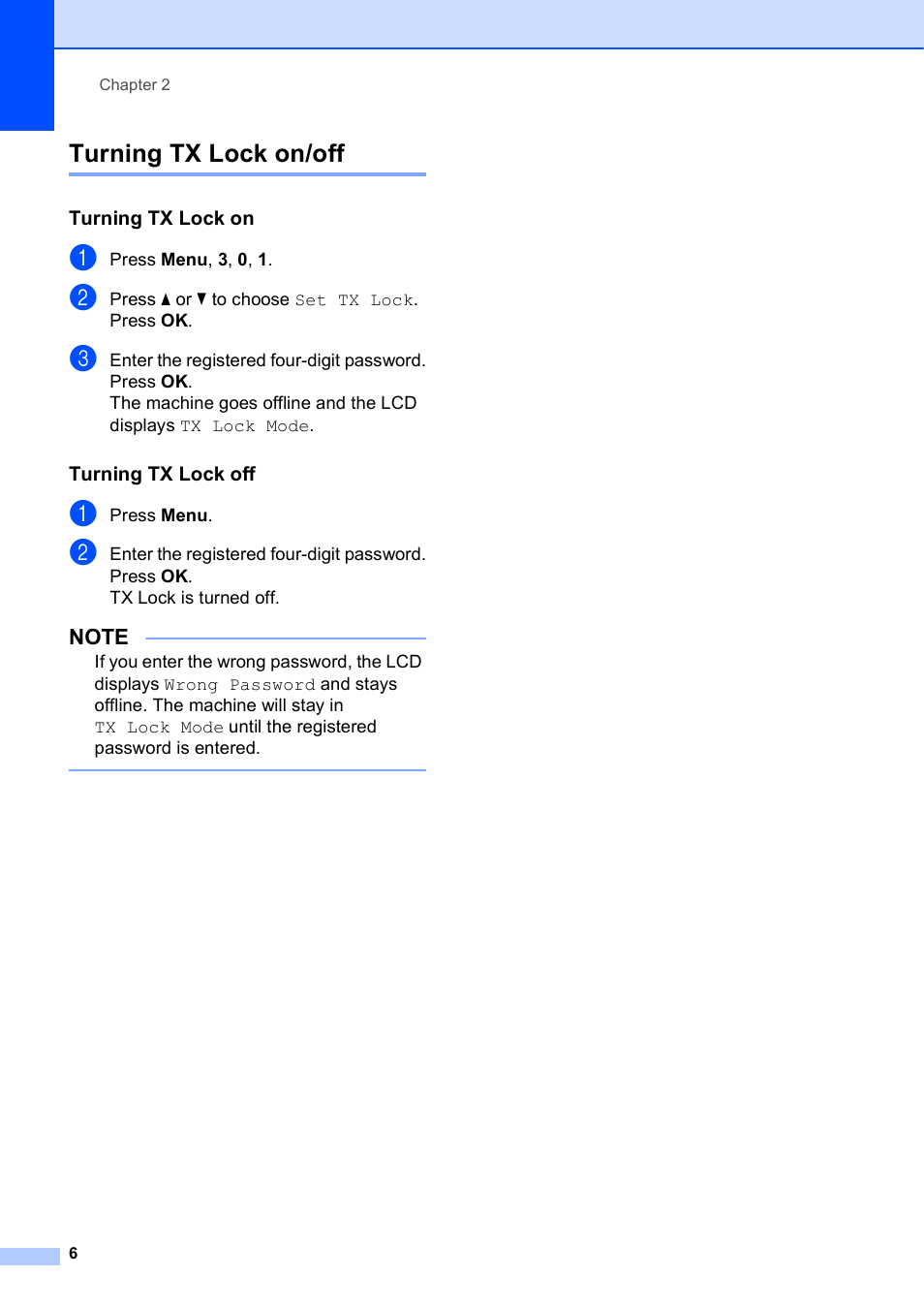 Turning tx lock on/off, Turning tx lock on, Turning tx lock off | Brother MFC-J245 User Manual | Page 10 / 47