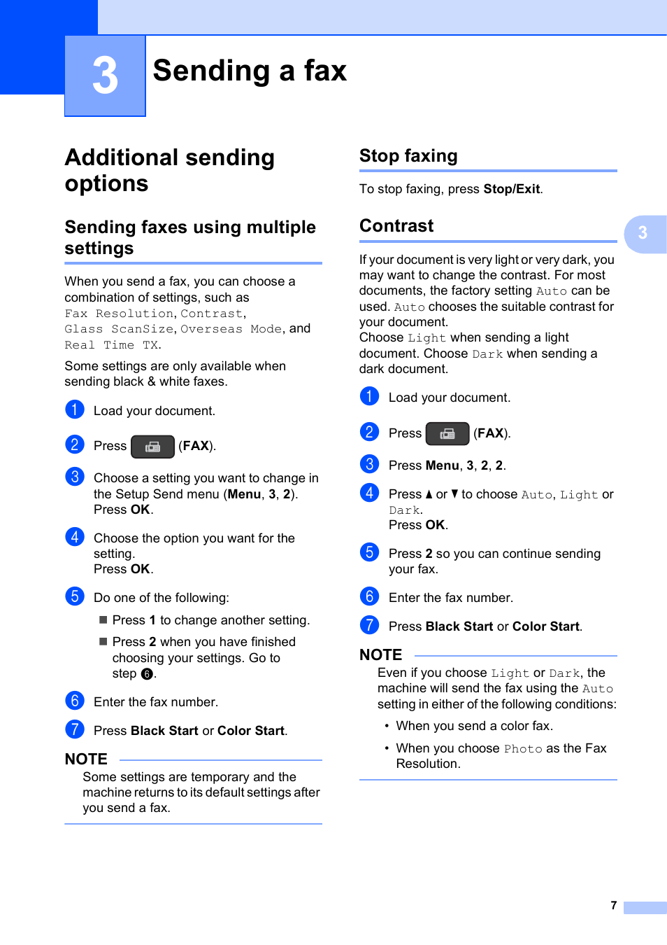 3 sending a fax, Additional sending options, Sending faxes using multiple settings | Stop faxing, Contrast, Sending a fax | Brother MFC-J245 User Manual | Page 11 / 47