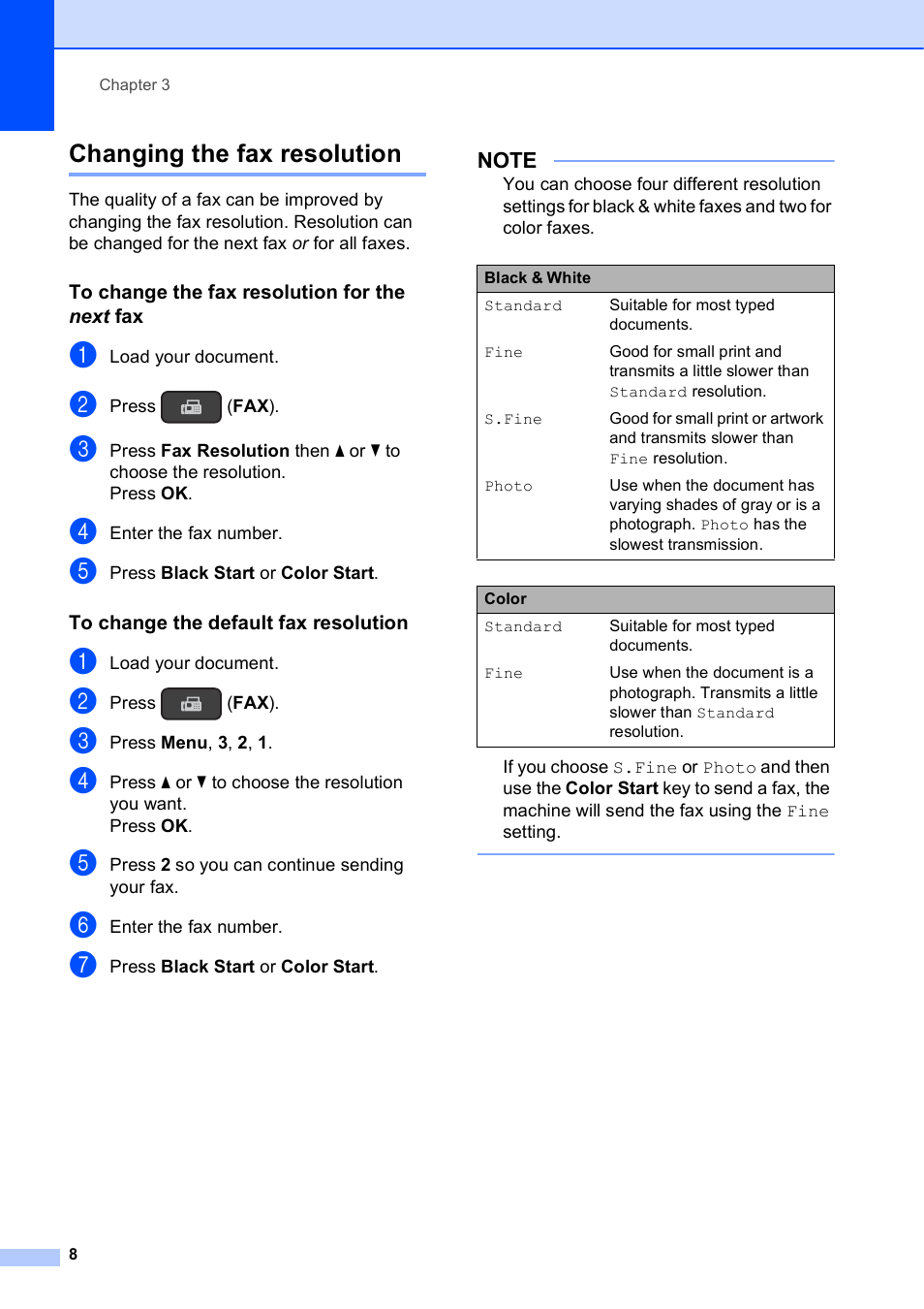 Changing the fax resolution, To change the fax resolution for the next fax, To change the default fax resolution | Brother MFC-J245 User Manual | Page 12 / 47