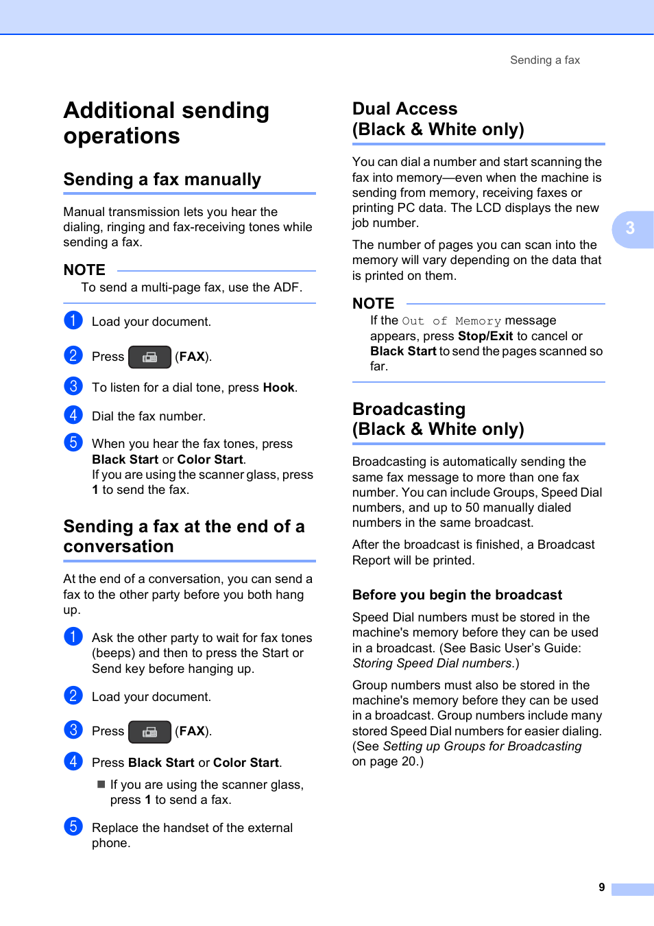 Additional sending operations, Sending a fax manually, Sending a fax at the end of a conversation | Dual access (black & white only), Broadcasting (black & white only), Before you begin the broadcast | Brother MFC-J245 User Manual | Page 13 / 47