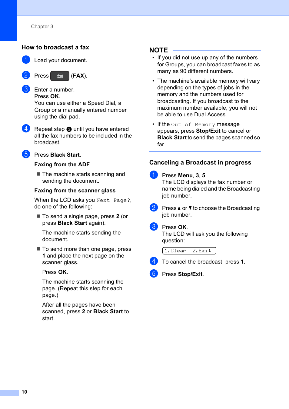 How to broadcast a fax, Canceling a broadcast in progress | Brother MFC-J245 User Manual | Page 14 / 47