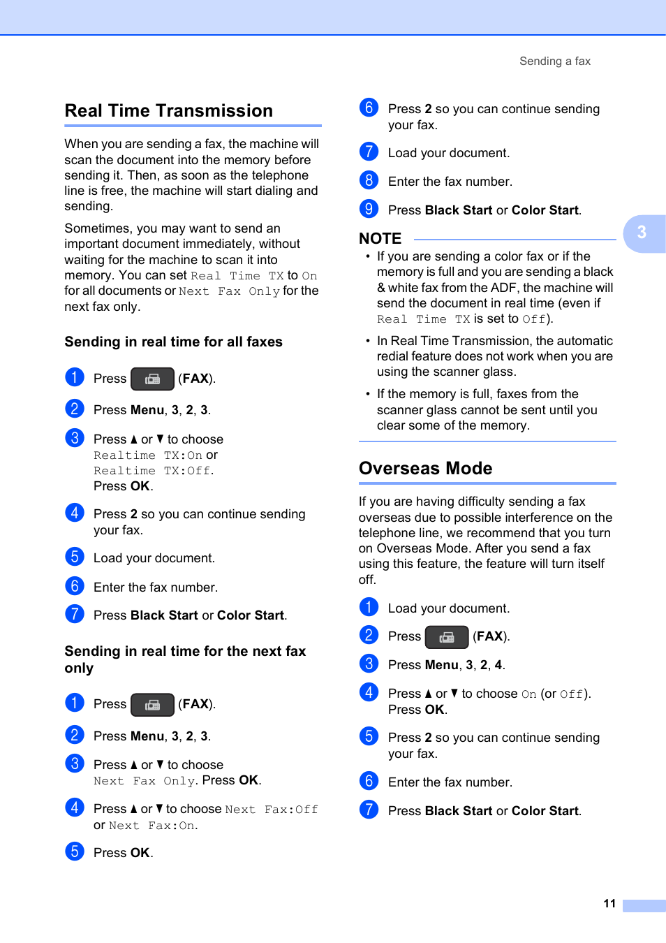 Real time transmission, Sending in real time for all faxes, Sending in real time for the next fax only | Overseas mode, Real time transmission overseas mode, 3real time transmission | Brother MFC-J245 User Manual | Page 15 / 47