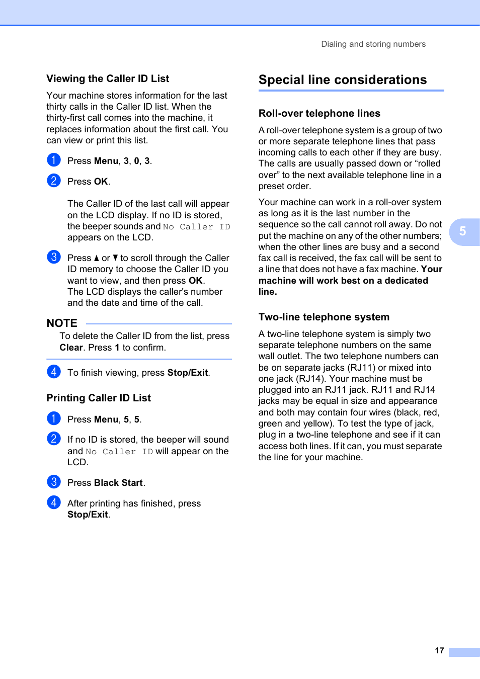 Viewing the caller id list, Printing caller id list, Special line considerations | Roll-over telephone lines, Two-line telephone system | Brother MFC-J245 User Manual | Page 21 / 47