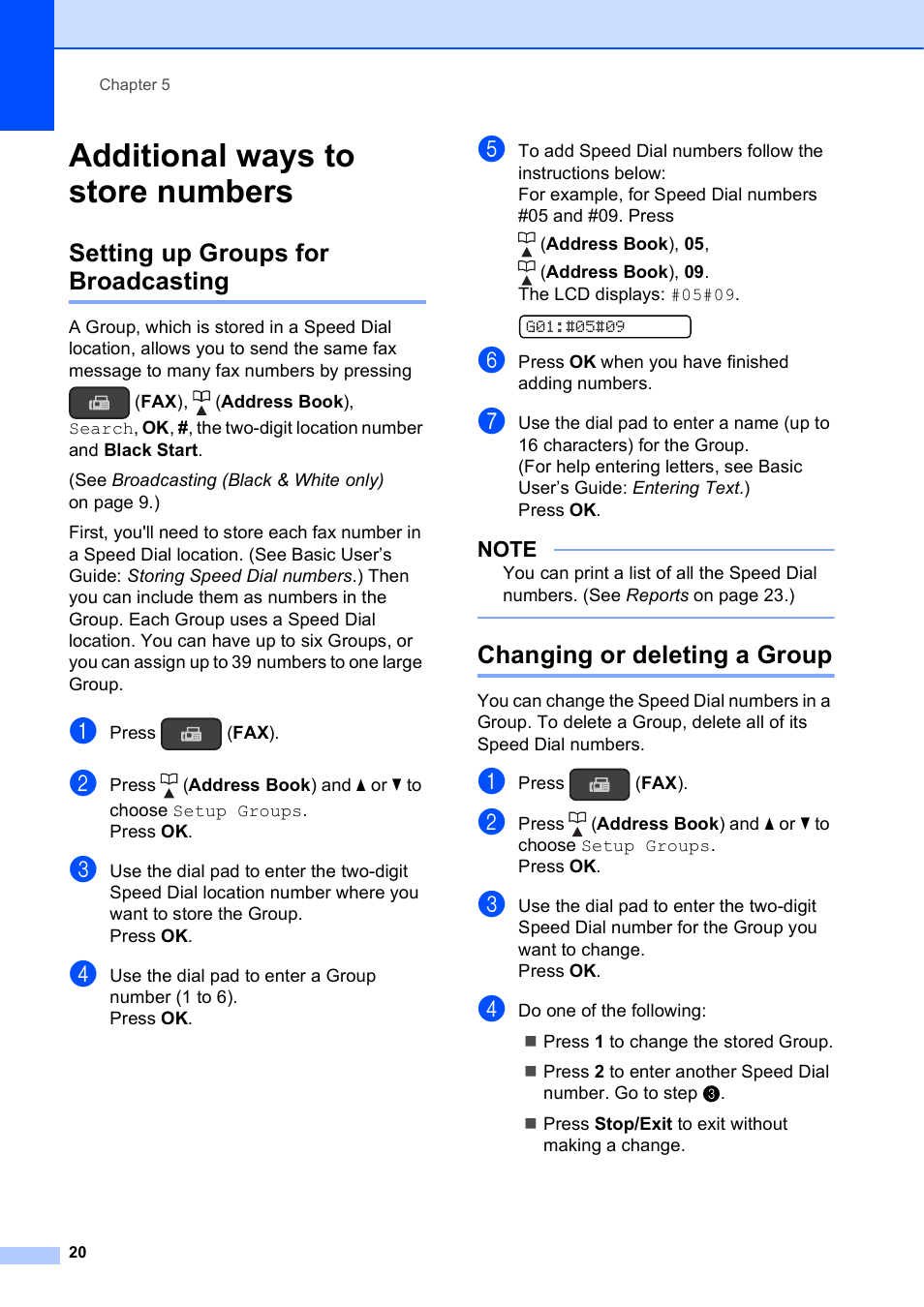 Additional ways to store numbers, Setting up groups for broadcasting, Changing or deleting a group | Brother MFC-J245 User Manual | Page 24 / 47