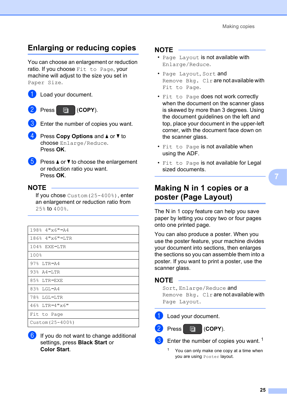 Enlarging or reducing copies, 7enlarging or reducing copies, Making n in 1 copies or a poster (page layout) | Brother MFC-J245 User Manual | Page 29 / 47