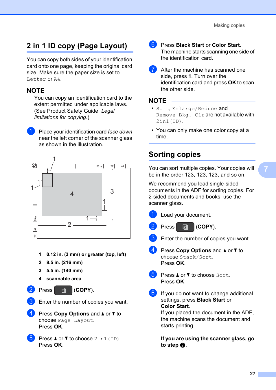 Sorting copies, 72 in 1 id copy (page layout) | Brother MFC-J245 User Manual | Page 31 / 47