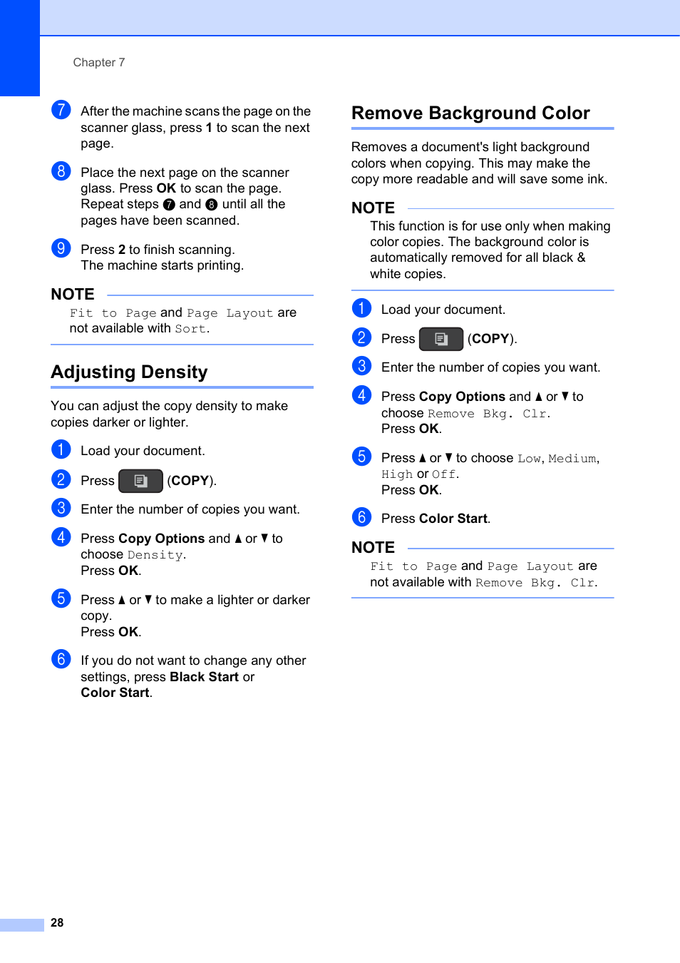 Adjusting density, Remove background color, Adjusting density remove background color | Brother MFC-J245 User Manual | Page 32 / 47