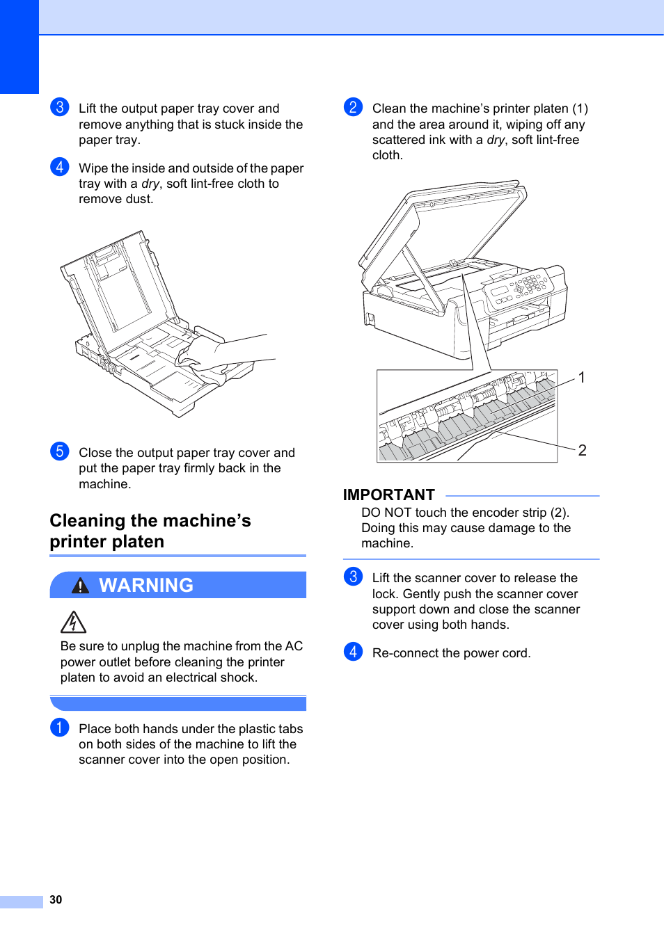 Cleaning the machine’s printer platen, Warning, Important | Brother MFC-J245 User Manual | Page 34 / 47