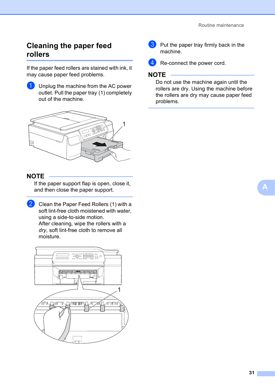 Cleaning the paper feed rollers, Acleaning the paper feed rollers | Brother MFC-J245 User Manual | Page 35 / 47