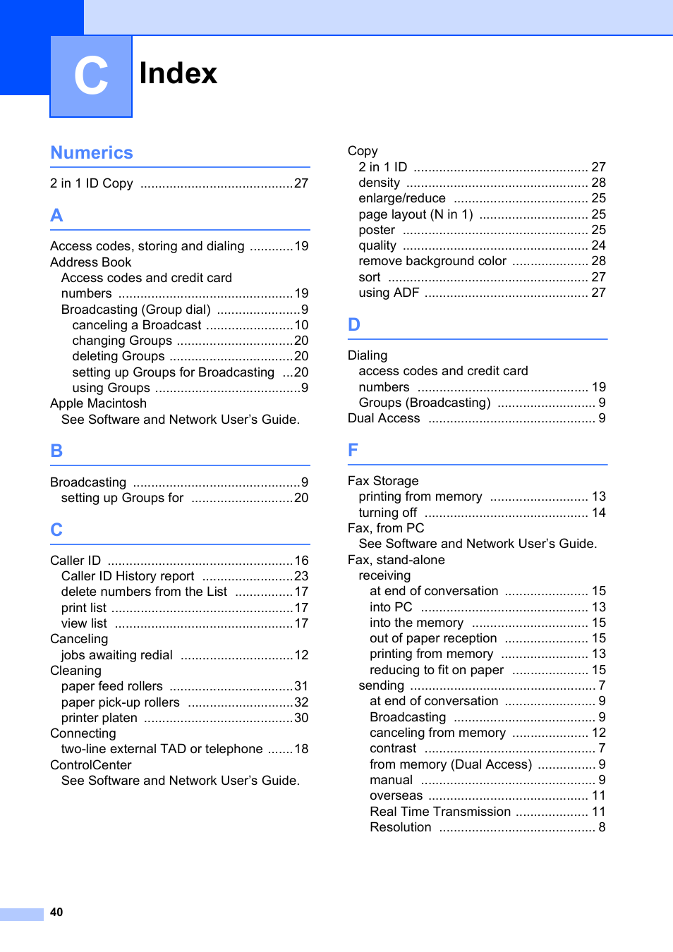 Index, Numerics | Brother MFC-J245 User Manual | Page 44 / 47