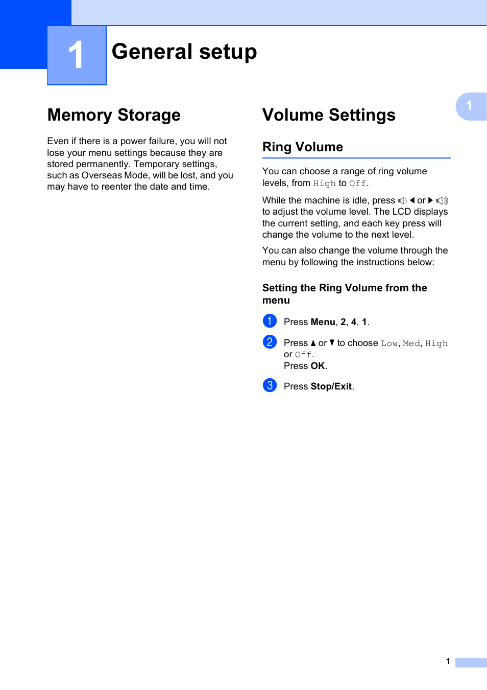 1 general setup, Memory storage, Volume settings | Ring volume, Setting the ring volume from the menu, General setup, Memory storage volume settings | Brother MFC-J245 User Manual | Page 5 / 47