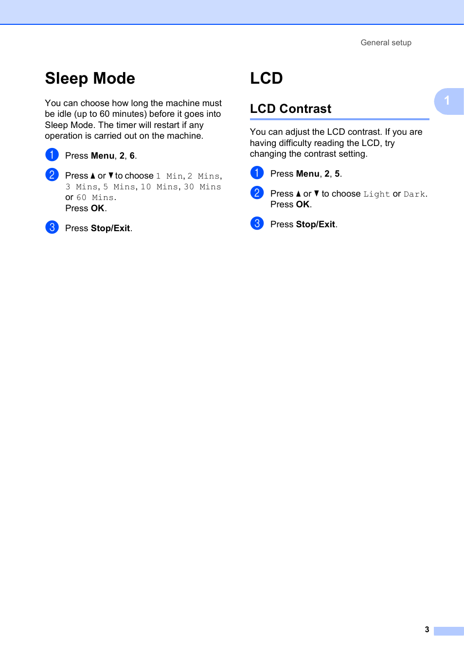 Sleep mode, Lcd contrast, Sleep mode lcd | Brother MFC-J245 User Manual | Page 7 / 47