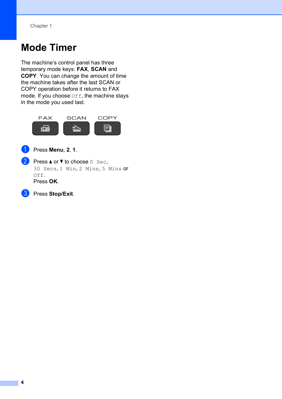 Mode timer | Brother MFC-J245 User Manual | Page 8 / 47