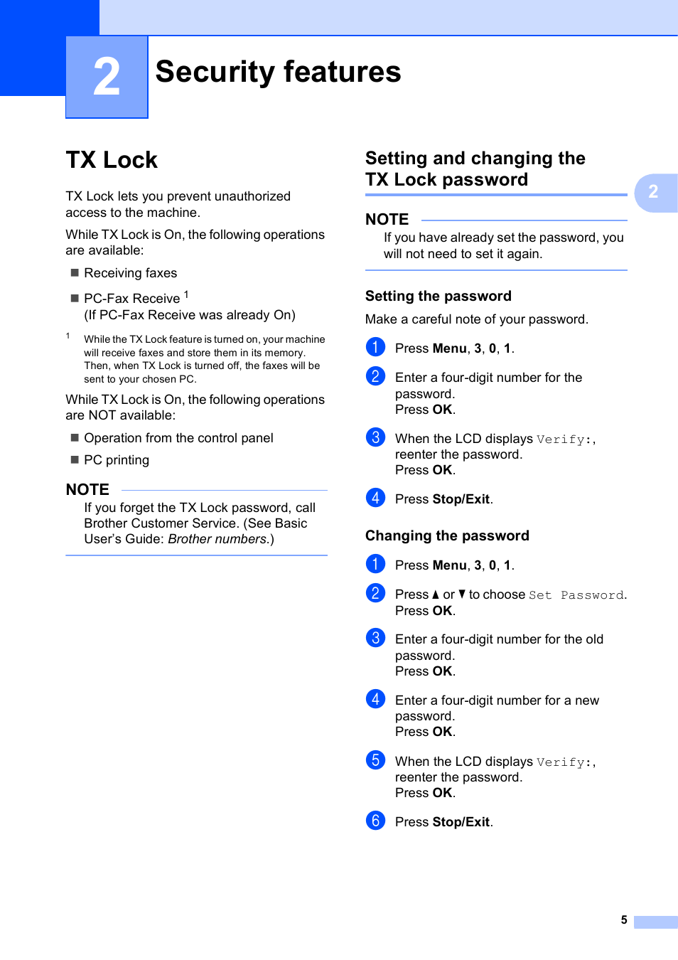 2 security features, Tx lock, Setting and changing the tx lock password | Setting the password, Changing the password, Security features | Brother MFC-J245 User Manual | Page 9 / 47