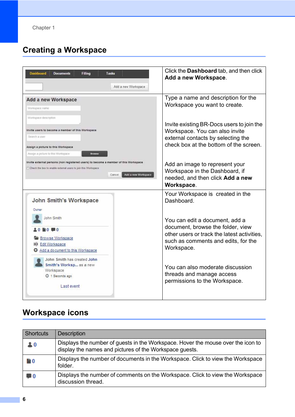 Creating a workspace, Workspace icons, Creating a workspace workspace icons | Brother BR-Docs User Manual | Page 10 / 54