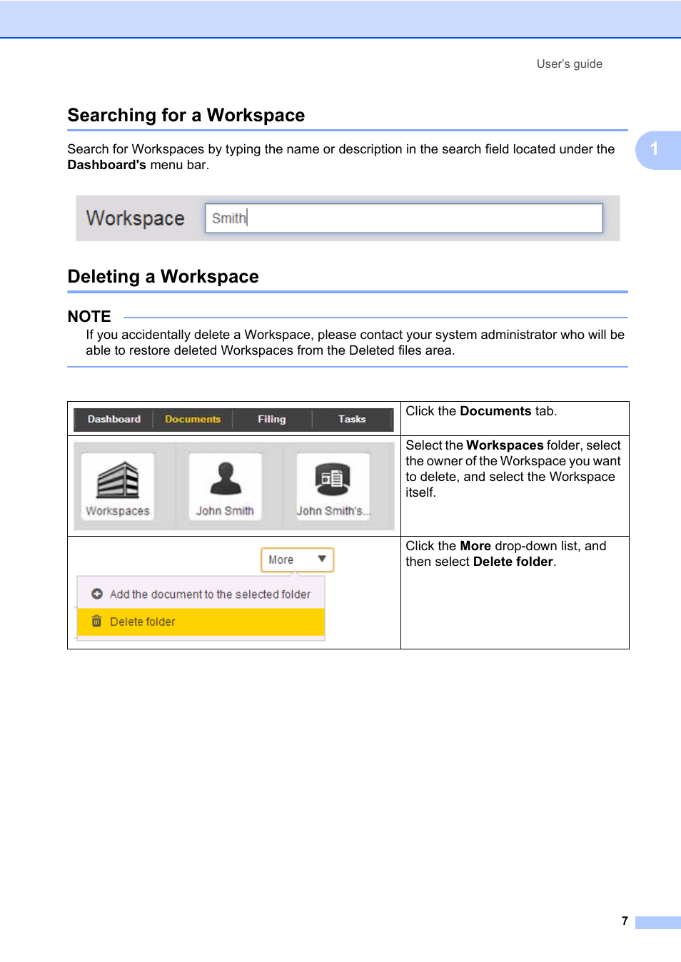 Searching for a workspace, Deleting a workspace, Searching for a workspace deleting a workspace | 1searching for a workspace | Brother BR-Docs User Manual | Page 11 / 54