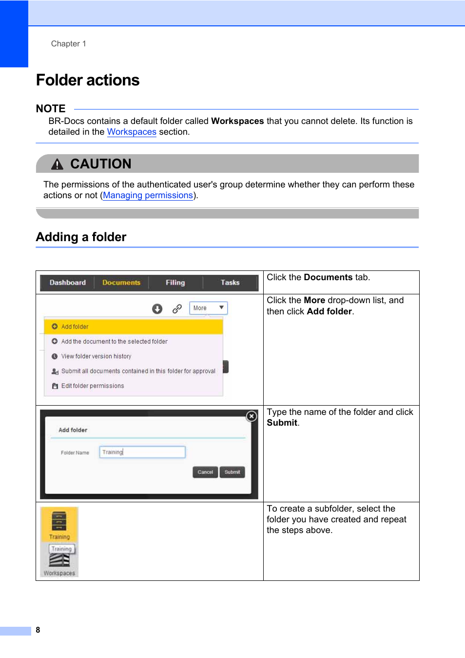 Folder actions, Adding a folder, Caution | Brother BR-Docs User Manual | Page 12 / 54