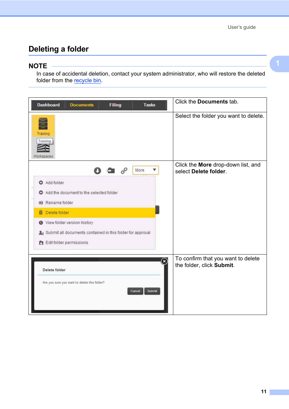 Deleting a folder, 1deleting a folder | Brother BR-Docs User Manual | Page 15 / 54