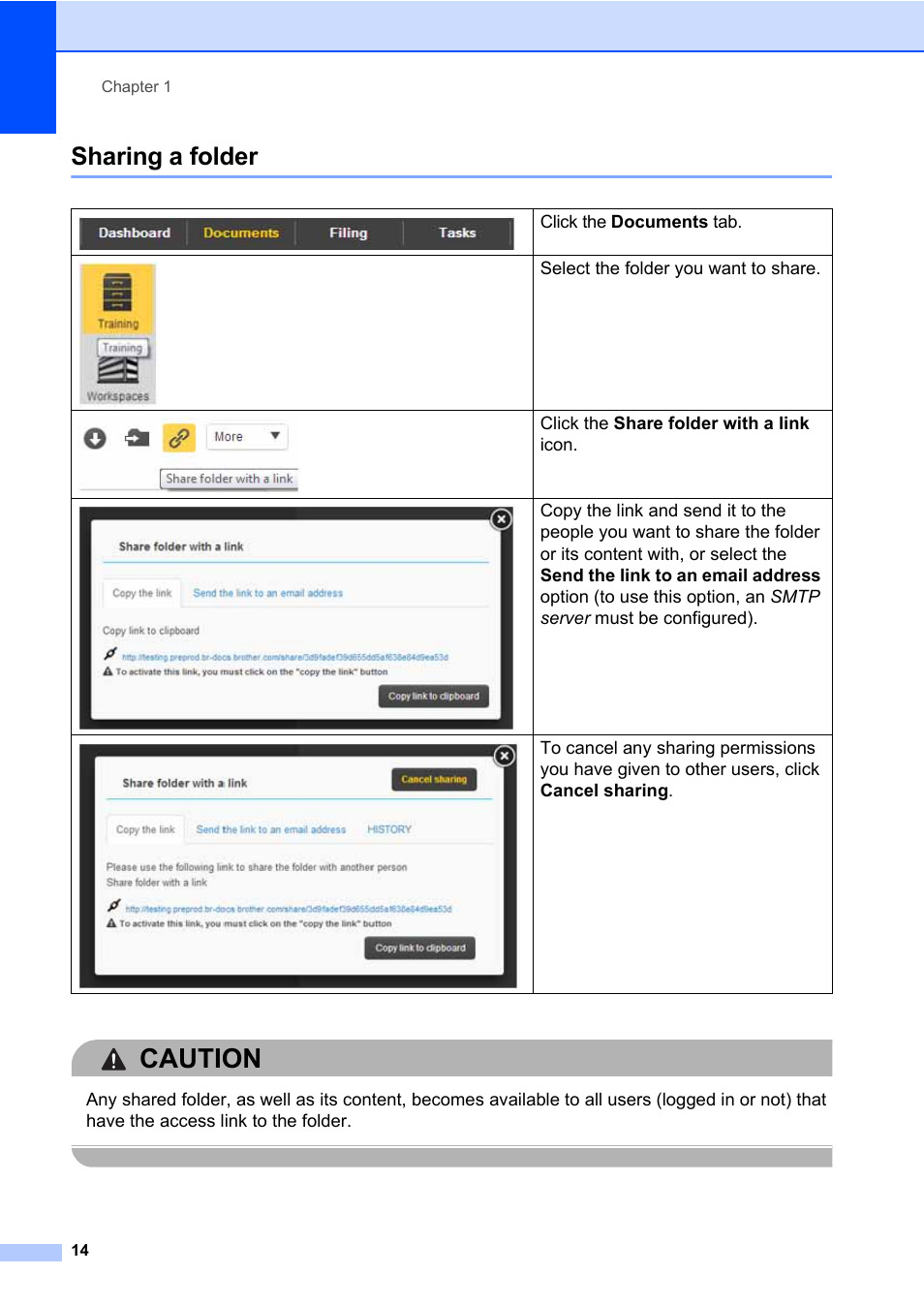 Sharing a folder, Caution | Brother BR-Docs User Manual | Page 18 / 54