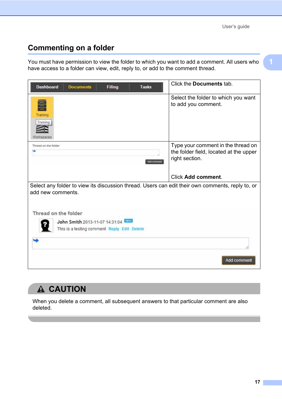 Commenting on a folder, Caution, 1commenting on a folder | Brother BR-Docs User Manual | Page 21 / 54