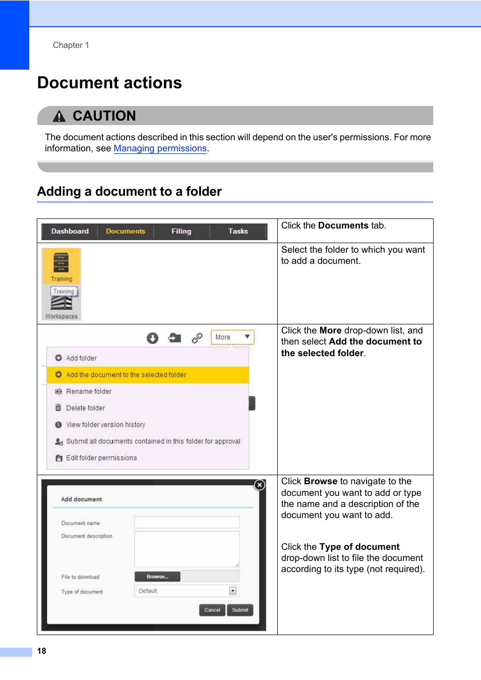 Document actions, Adding a document to a folder, Caution | Brother BR-Docs User Manual | Page 22 / 54