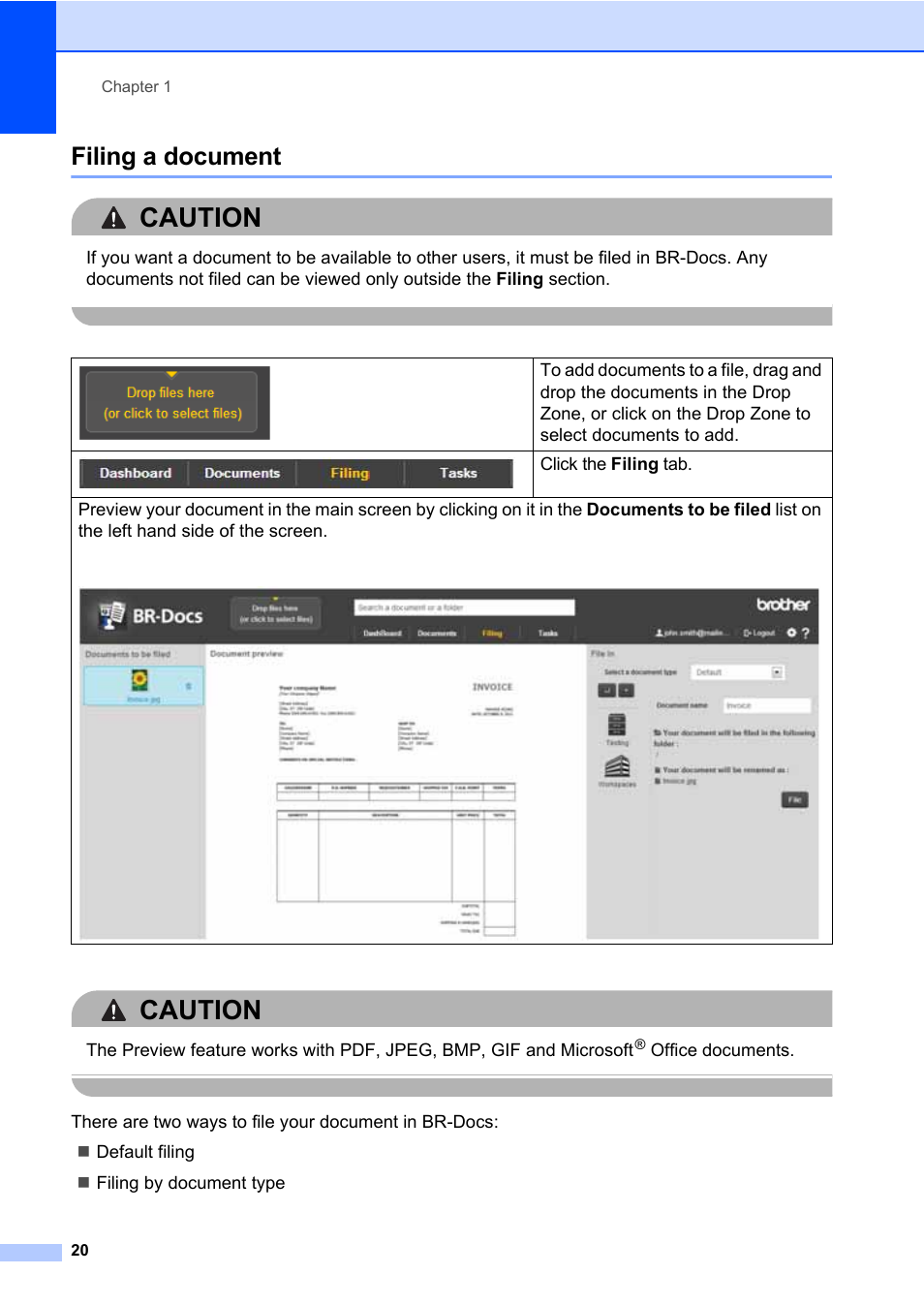 Filing a document, Caution | Brother BR-Docs User Manual | Page 24 / 54