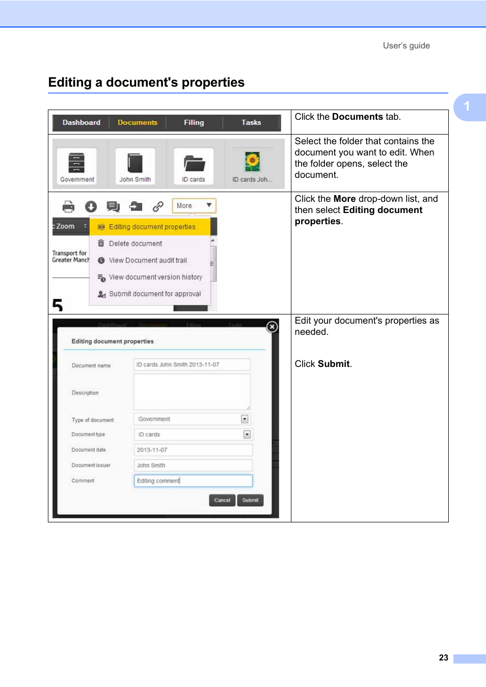 Editing a document's properties, 1editing a document's properties | Brother BR-Docs User Manual | Page 27 / 54