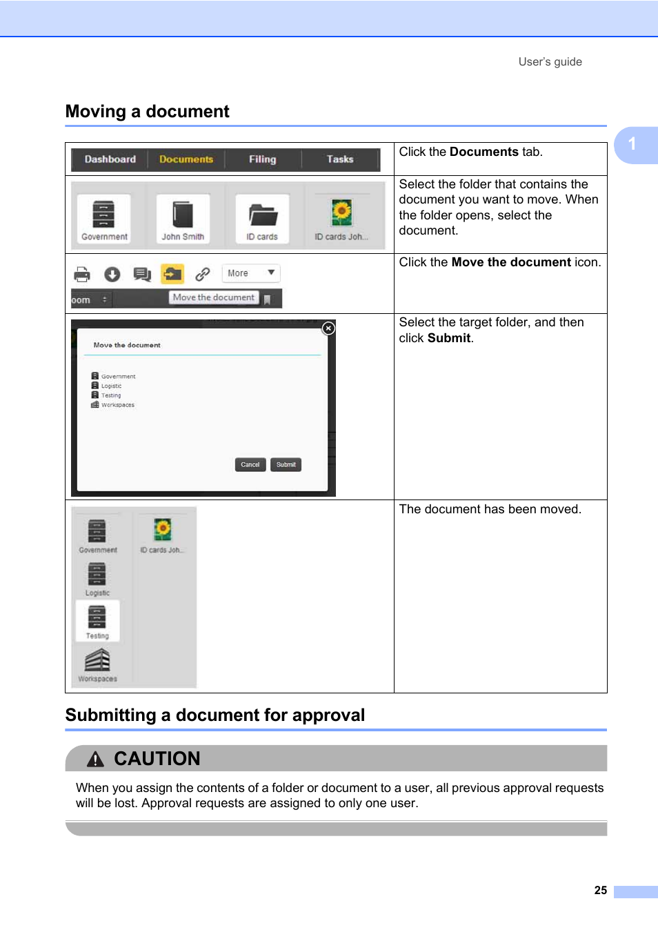 Moving a document, Submitting a document for approval, Caution | 1moving a document | Brother BR-Docs User Manual | Page 29 / 54