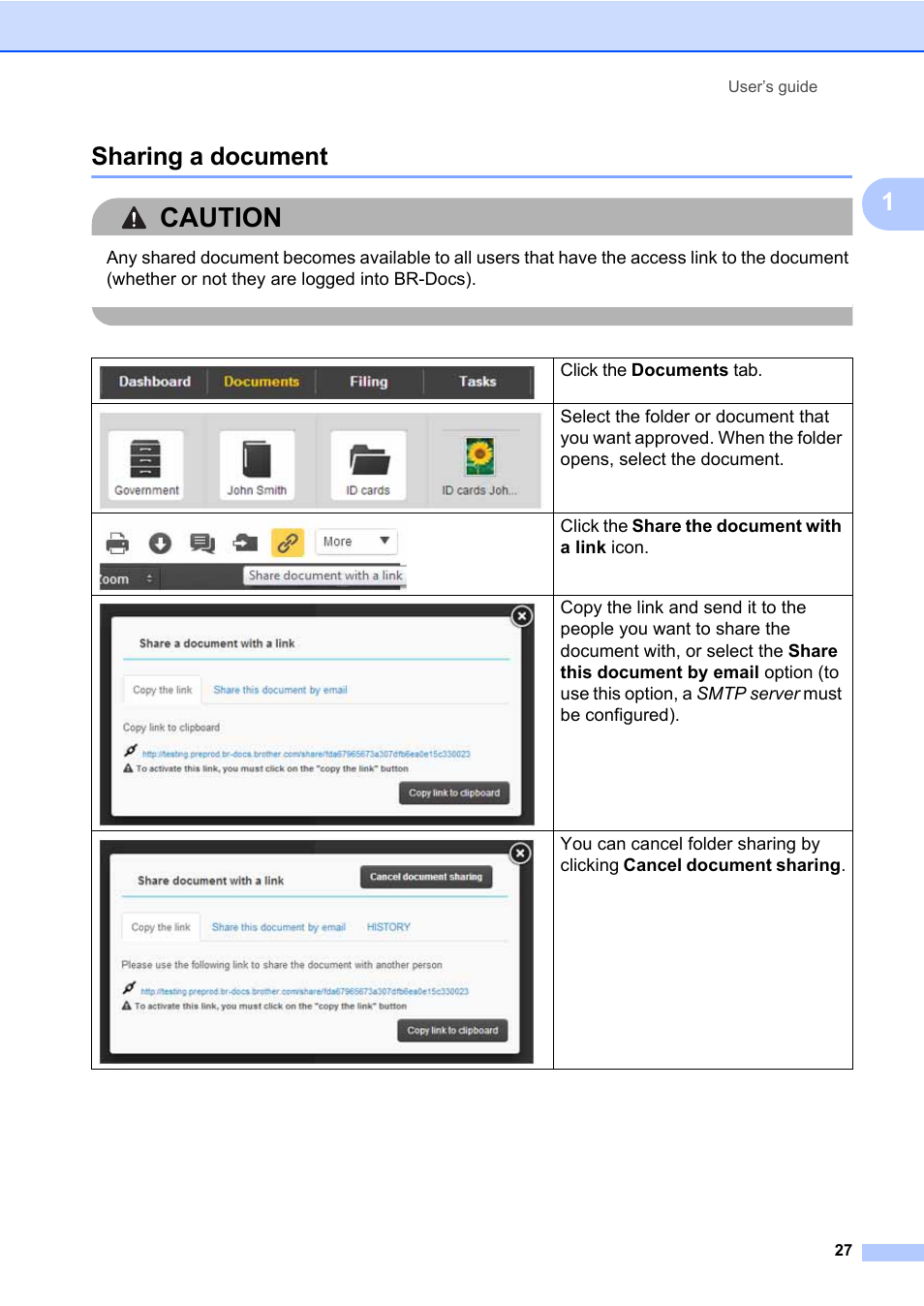 Sharing a document, Caution, 1sharing a document | Brother BR-Docs User Manual | Page 31 / 54