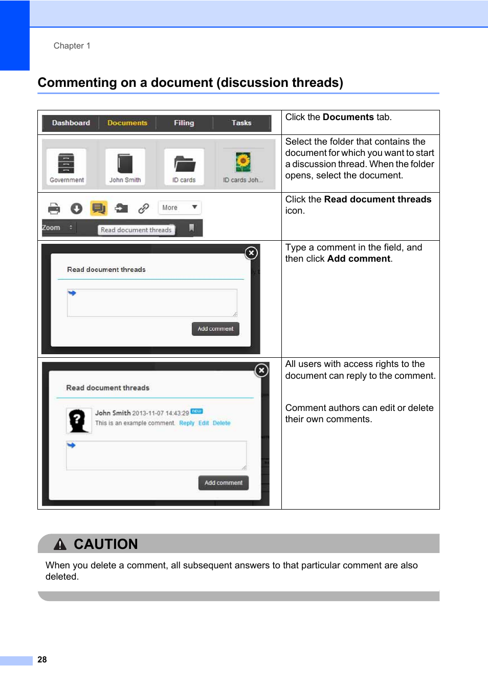 Commenting on a document (discussion threads), Caution | Brother BR-Docs User Manual | Page 32 / 54