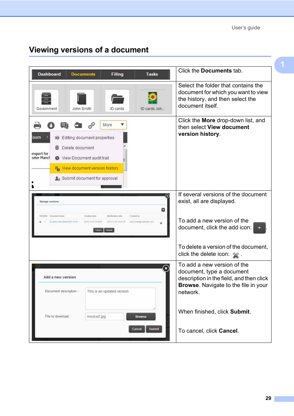 Viewing versions of a document, 1viewing versions of a document | Brother BR-Docs User Manual | Page 33 / 54