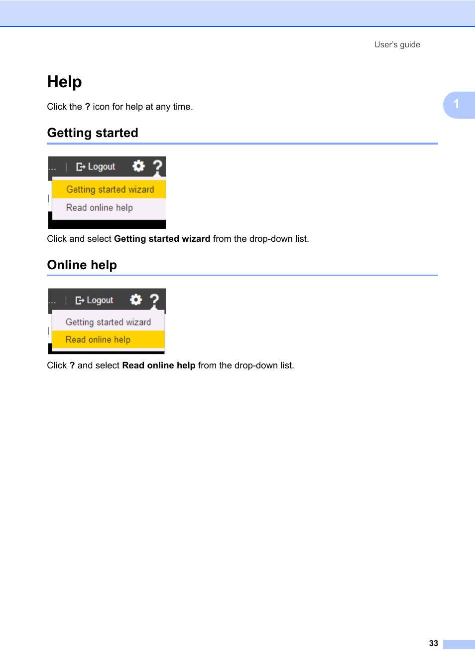 Help, Getting started, Online help | Getting started online help | Brother BR-Docs User Manual | Page 37 / 54