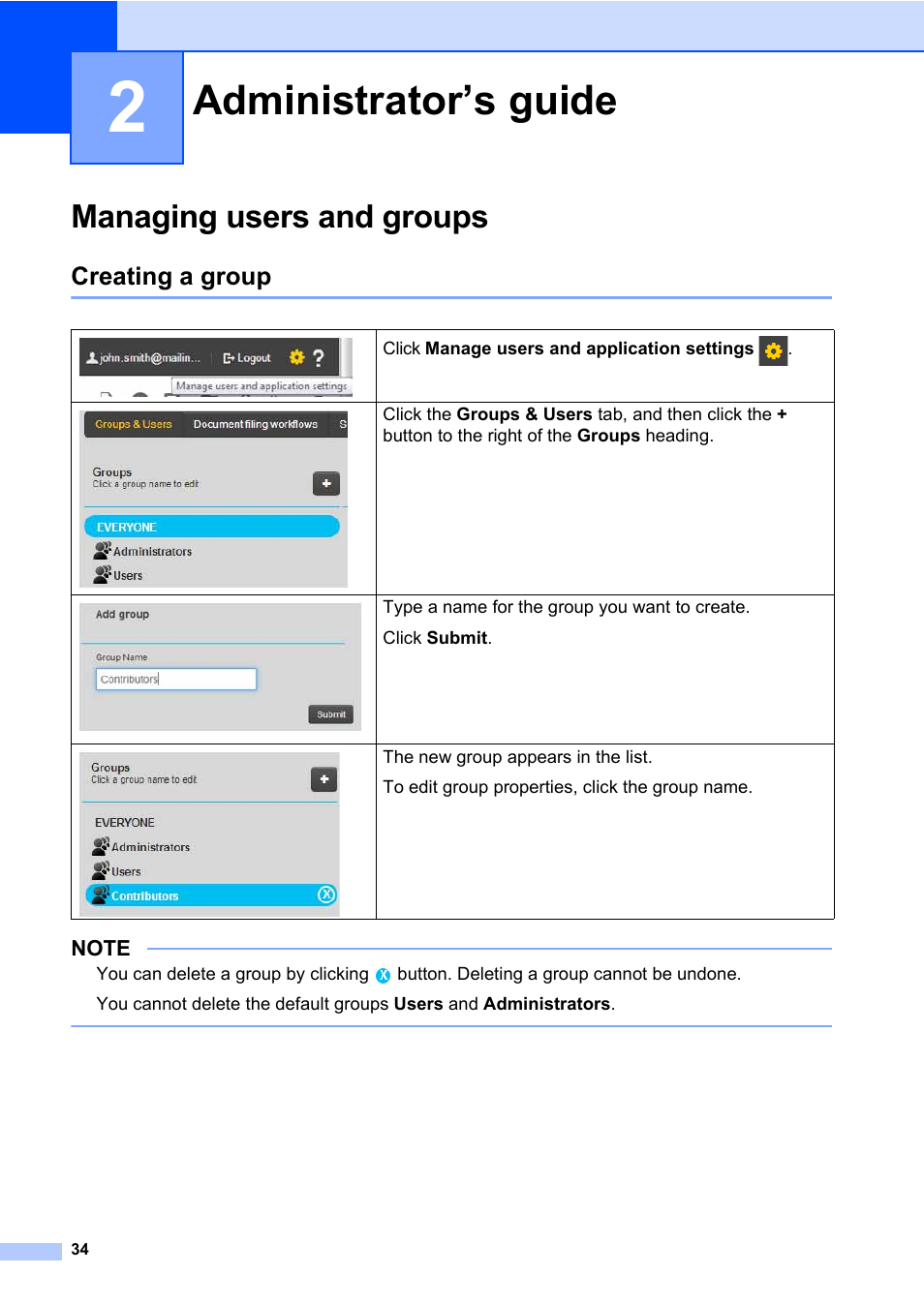 2 administrator’s guide, Managing users and groups, Creating a group | Administrator’s guide | Brother BR-Docs User Manual | Page 38 / 54