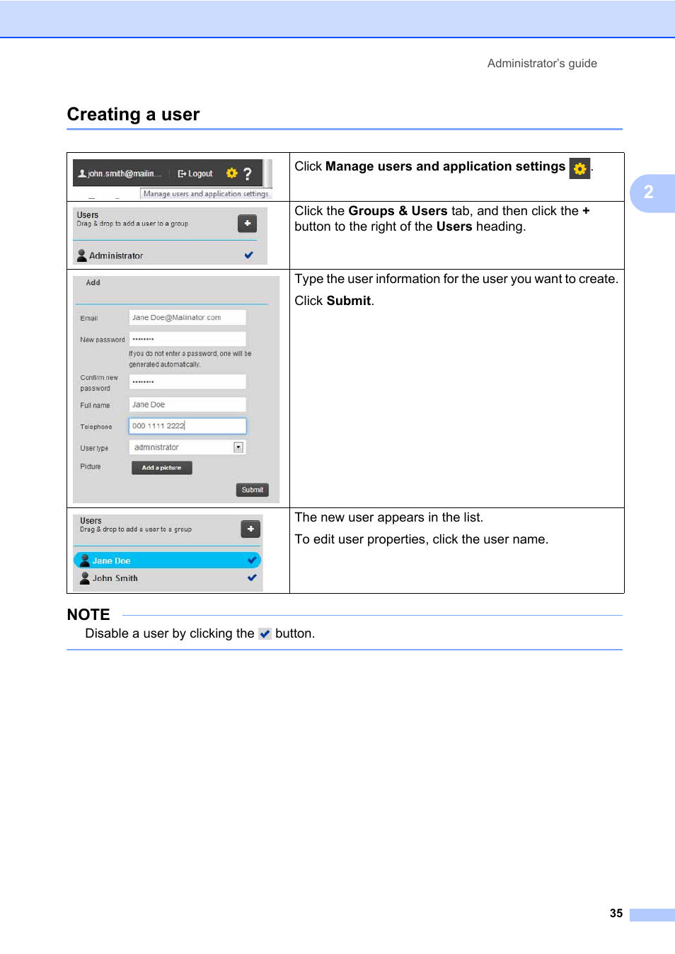 Creating a user, 2creating a user | Brother BR-Docs User Manual | Page 39 / 54