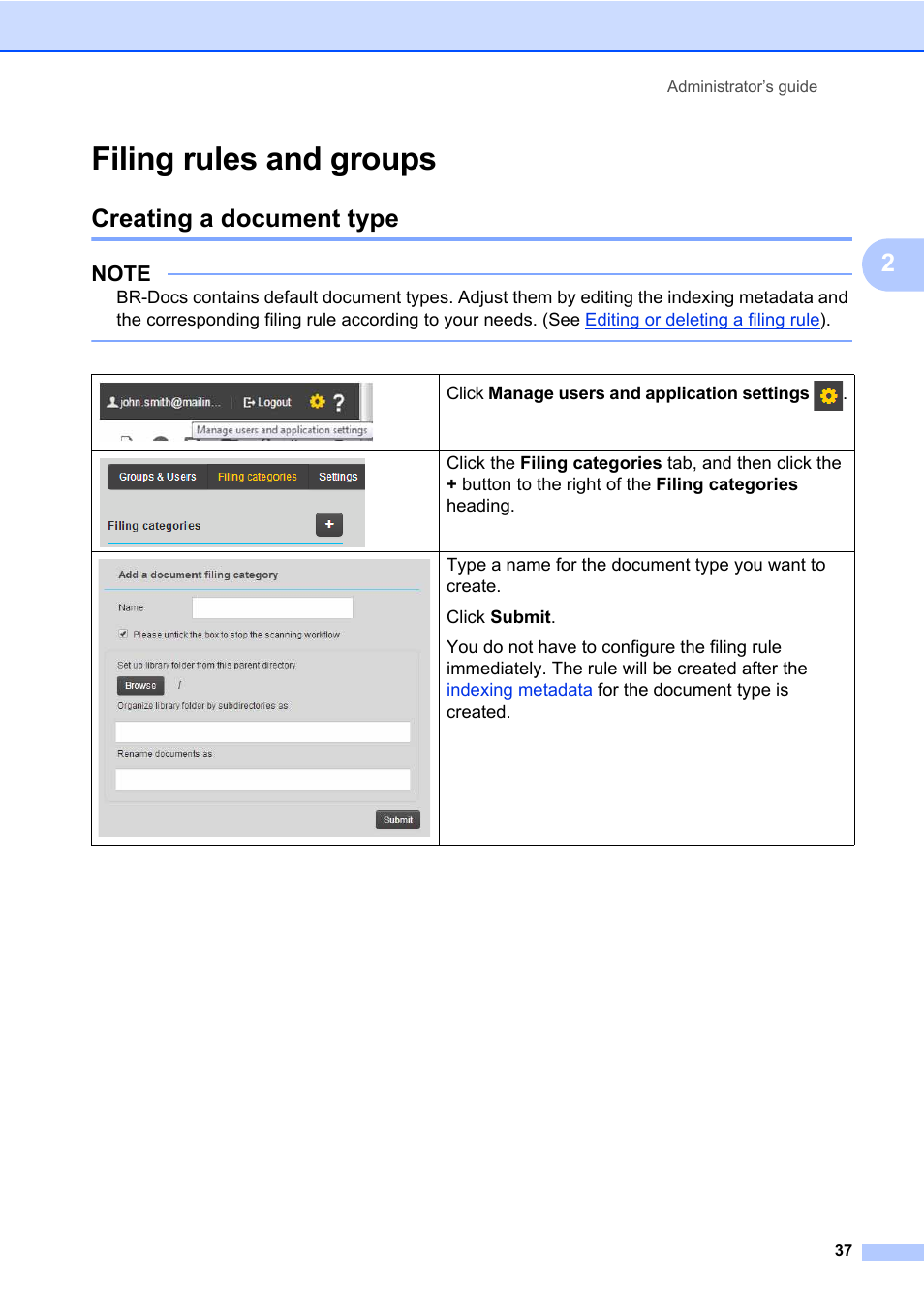 Filing rules and groups, Creating a document type | Brother BR-Docs User Manual | Page 41 / 54