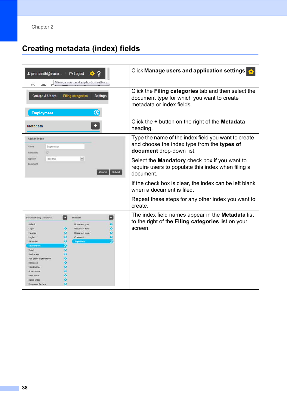 Creating metadata (index) fields, Indexing metadata | Brother BR-Docs User Manual | Page 42 / 54