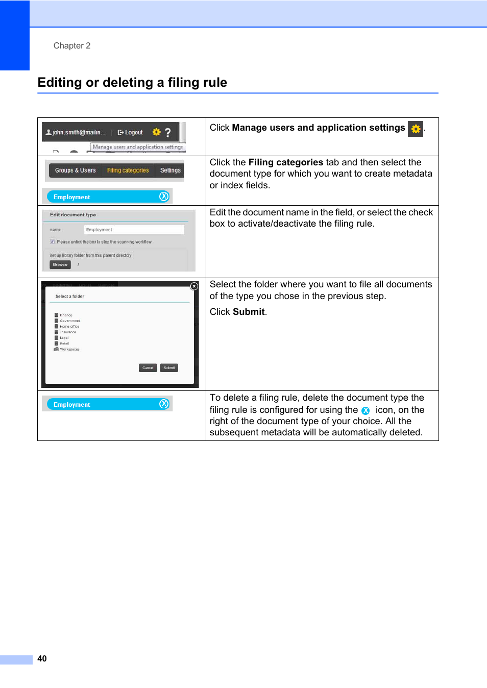 Editing or deleting a filing rule | Brother BR-Docs User Manual | Page 44 / 54
