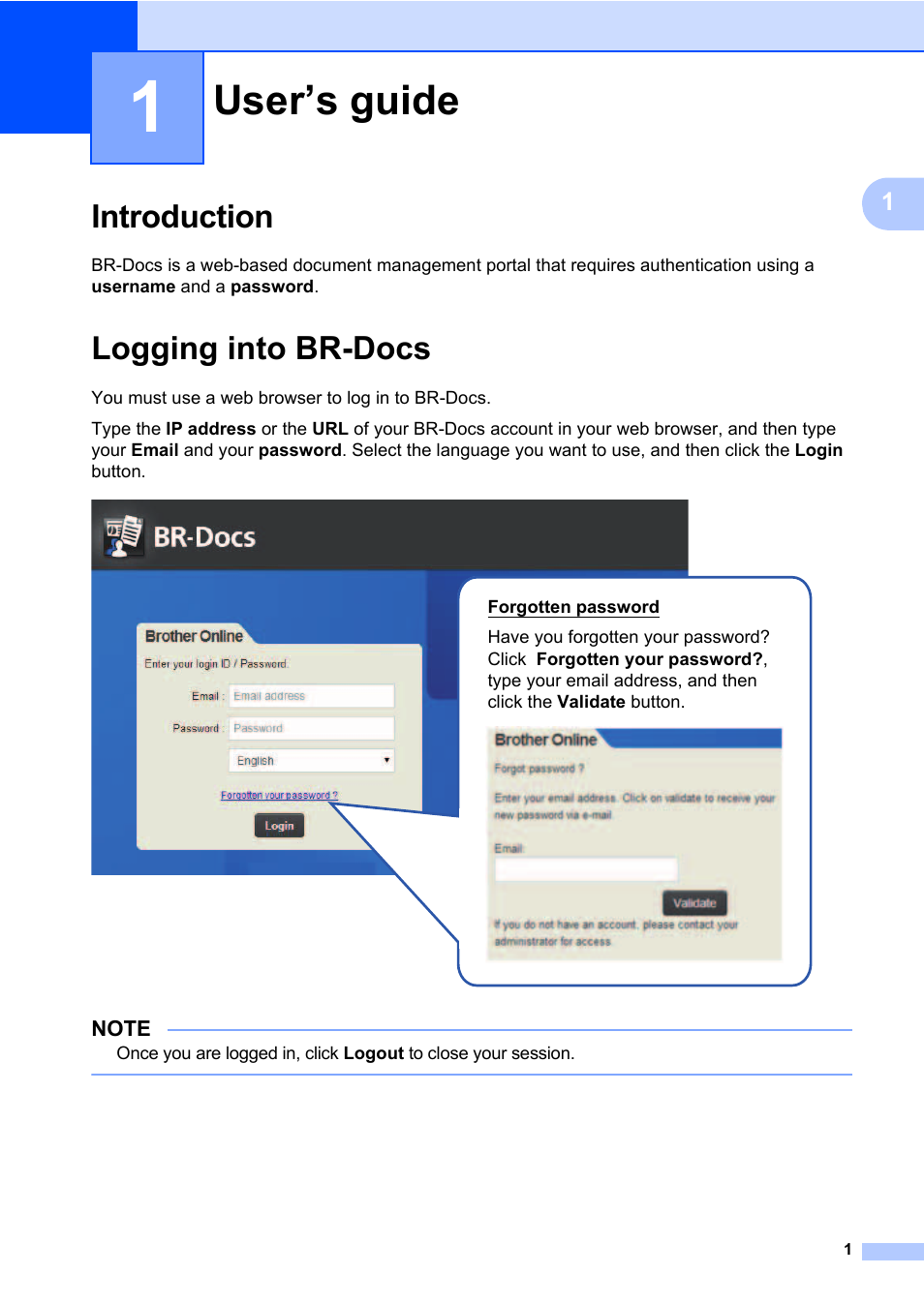 1 user’s guide, Introduction, Logging into br-docs | User’s guide, Introduction logging into br-docs | Brother BR-Docs User Manual | Page 5 / 54